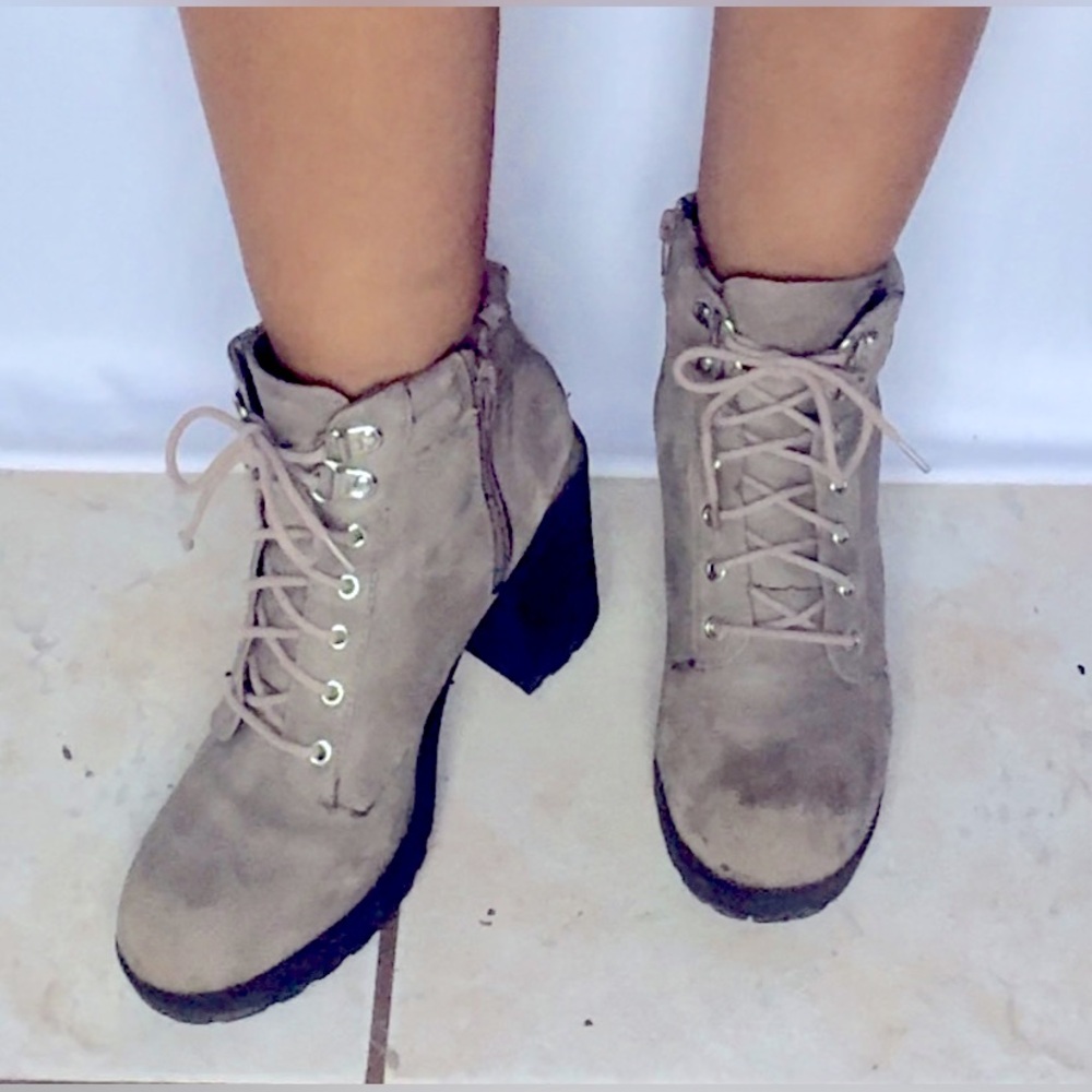 Gray heeled boots